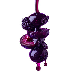 Purple berries draped in pink liquid closeup food image
