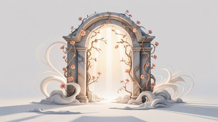 An ornate stone archway adorned with blooming flowers and vines stands isolated on white background, bathed in a soft, ethereal light, creating a magical and dreamlike scene