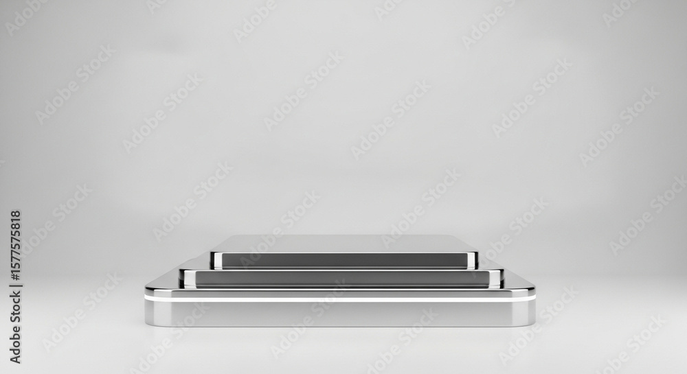 Poster futuristic three-step platform with a chrome finish and glowing detail on a minimalist studio backdr