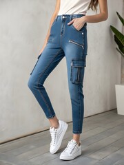 A woman posing in blue cargo jeans and white sneakers against a neutral backdrop indoors studio shot