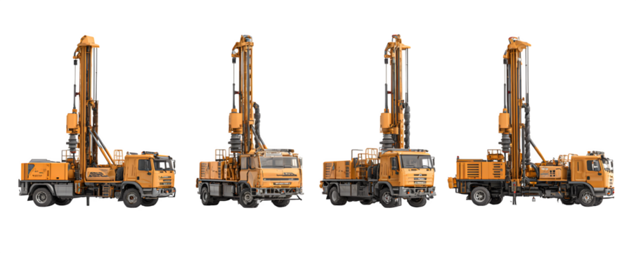 Photo-Realistic Detailed Professional Four truck mounted drill rigs transparent background, versatile design element, ideal for video overlays and web banners, branding