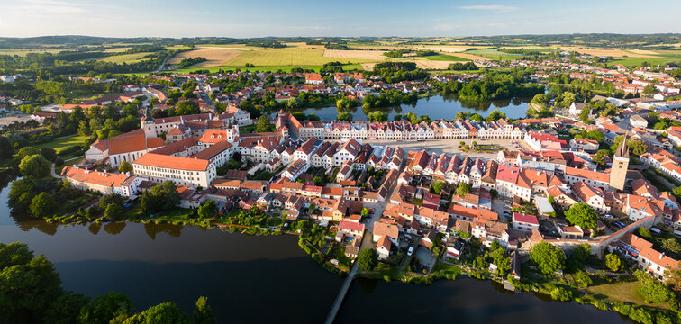 Aerial view of the beautiful town of Telč, Czech Republic. UNESCO heritage site as seen from the air.
