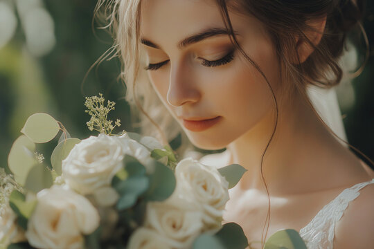 Retrato de uma linda noiva admirando seu buqu&ecirc; de rosas creme e eucalipto. Jovem elegante com penteado e maquiagem cl&aacute;ssicos na festa de casamento.