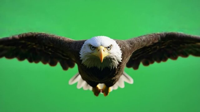 Majestic Eagle in Flight: A stunning American Bald Eagle soars through the sky, wings spread wide against a vibrant green backdrop, capturing its regal presence and unwavering focus.