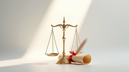 Golden scales of justice with a feather pen and diploma isolated on white background symbolize law and education