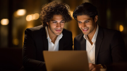 Fototapeta premium Focused Indian Partners Discussing Startup Strategy on Laptop