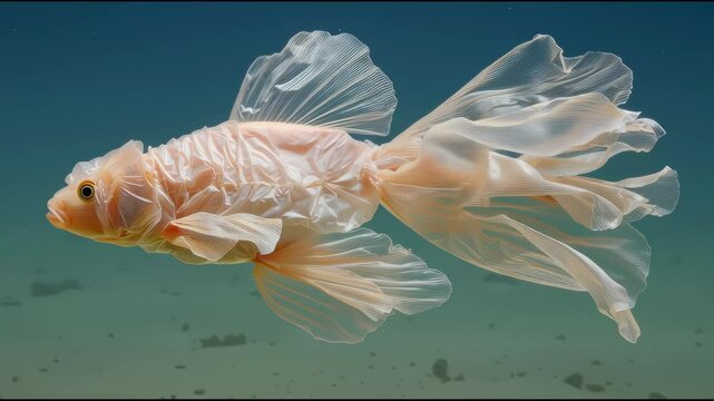 Oceanic Allegory: A poignant depiction of a goldfish artfully crafted from translucent material, elegantly navigating the depths of the ocean.