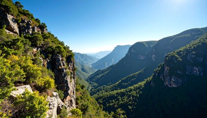 Fototapeta premium Mountain valley vista under a bright sky