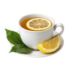 White Cup of lemon tea with slice and leaf on transparent background