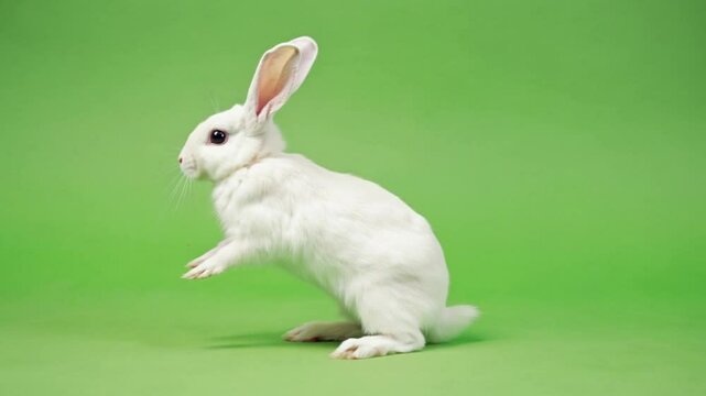 White rabbit standing on hind legs against a vibrant green background, showcasing its playful nature