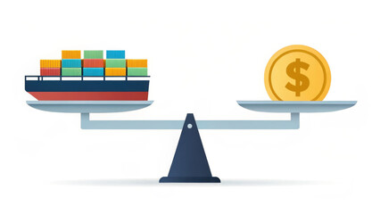 Freight Cost - Minimalistic illustration of a cargo ship on a dollar coin scale, representing the impact of freight costs and import tariffs in trade.