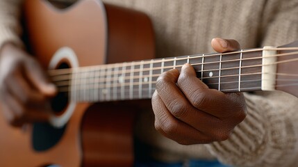 Fototapeta premium Gentle music artist playing acoustic guitar in soft afternoon light leisurely scene captured with skillful instrument mastery