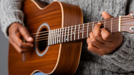 Fototapeta premium Gentle artist playing acoustic guitar in a soft afternoon setting capturing music and leisure skills with this instrument
