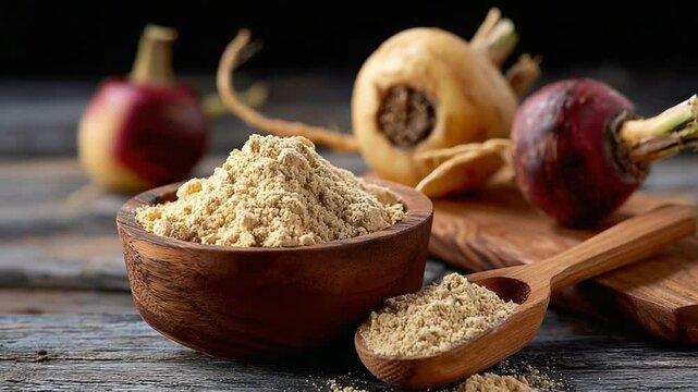 Maca Root and Powder: A rustic wooden setting with the earthy tones of maca root and powder showcased with a scoop. A blend of health and culinary delight in natural lighting.