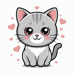 adorable gray cat vector art with pink blush and hearts - playful cartoon kitten graphic for nursery and kids decor