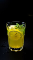 Fototapeta premium A refreshing glass of lemonade with lemon slices and mint leaves, dark summer theme