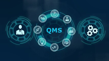 Quality management system business and industrial technology concept. QMS  ,Abstract technology symbols on a blue background. - Powered by Adobe