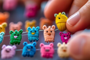 Obraz premium Close-up of fingers stitching colorful thread into animal-shaped ornaments 