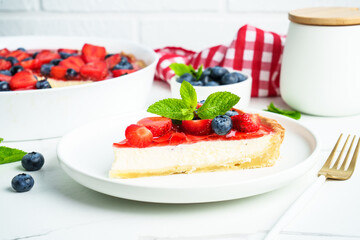 Tart with strawberry and blueberry and cream cheese. Homemade baking.