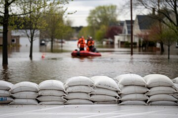 Urban flood disaster assistance with sandbags and first responders helping