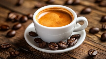 Obraz premium Delicious espresso shot in white cup with coffee beans scattered across a rustic wooden table offers an inviting scene.