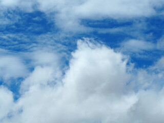 The blue sky is on top and the white clouds are at the bottom of the picture. Thin clouds are floating. The clear blue sky has some clouds. The empty blue background is elegant. Sky is clear in summer