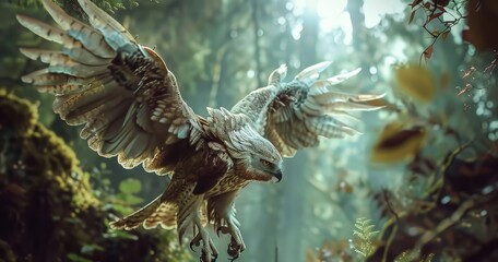 Griffs and fantasy creatures, realistic nature photography 