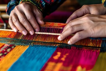 Close-up of hands weaving intricate patterns on a traditional loom, vibrant threads stretched and interlocked in rich primary colors 
