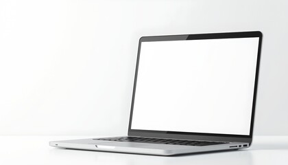 abstract technological background with a laptop on the left side, white tones, position subject for copy space on the right side, white screen.