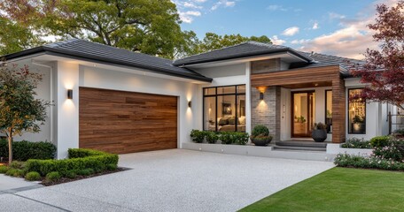 A front view of a contemporary-style, single-story house with one garage. The exterior walls feature white and dark brown wood cladding