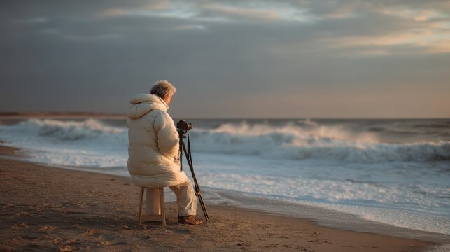 Elderly caucasian male photographer at beach capturing ocean waves at sunset