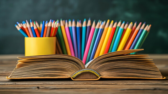 Colored pencils in a yellow holder resting on an open book on a wooden surface against a chalkboard background.