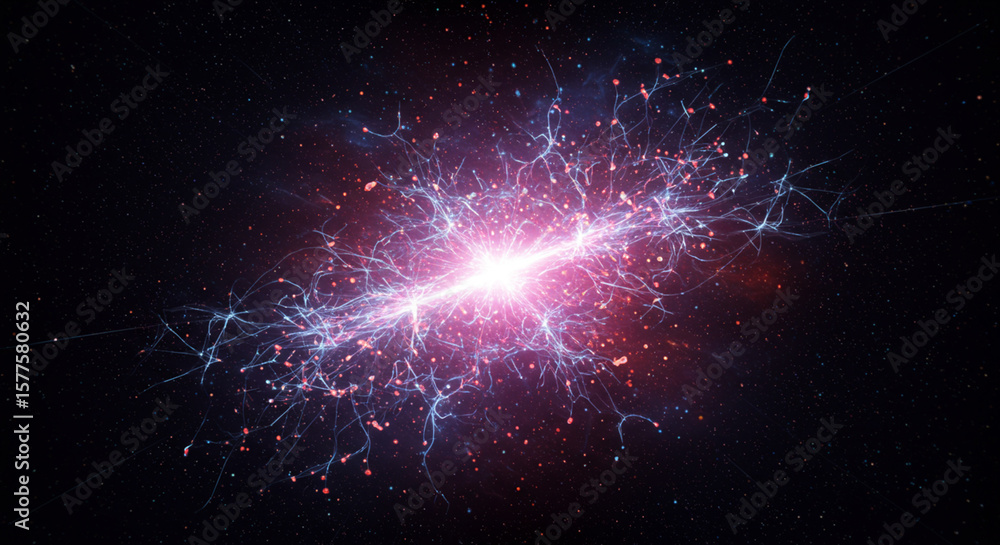Poster abstract depiction of a cosmic explosion with bright light and interconnected lines emanating from a