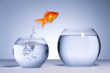 Bright gold fish leaping between bowls in a bold act of freedom display