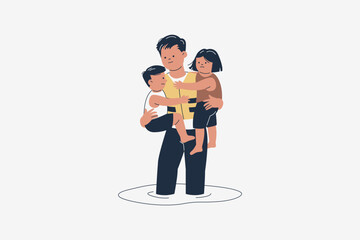 Illustration of Man Rescuing Children from Flood
