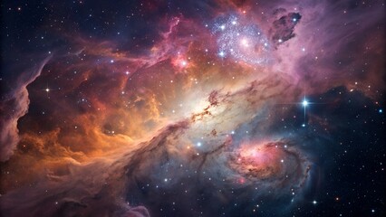 Naklejka premium Cosmic nebula with vibrant clouds and stars shines in the dark expanse of the universe, creating a mesmerizing spectacle of celestial beauty.