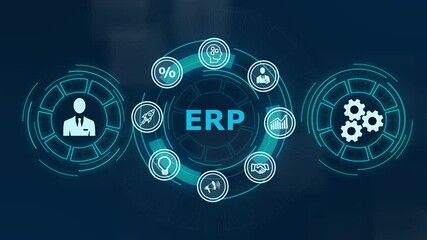 Business, Technology, Internet and network concept. Enterprise resource planning ERP concept ,Abstract technology symbols on a blue background. - Powered by Adobe