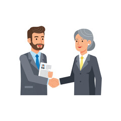 Man and woman shaking hands, holding resume, in business attire.