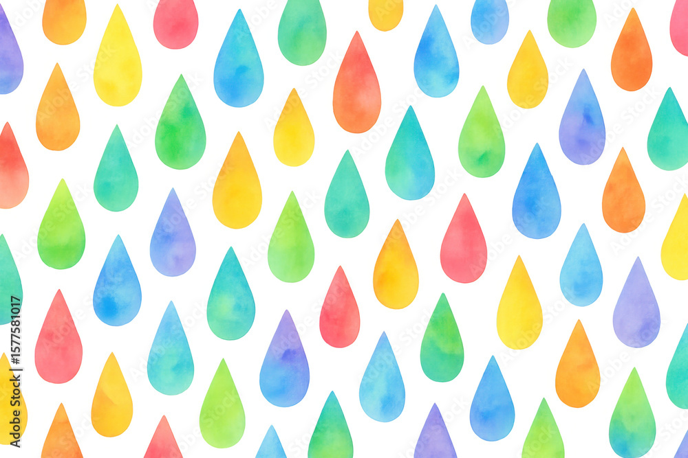 Poster seamless pattern of colorful watercolor raindrops falling on a transparent background, creating a vi