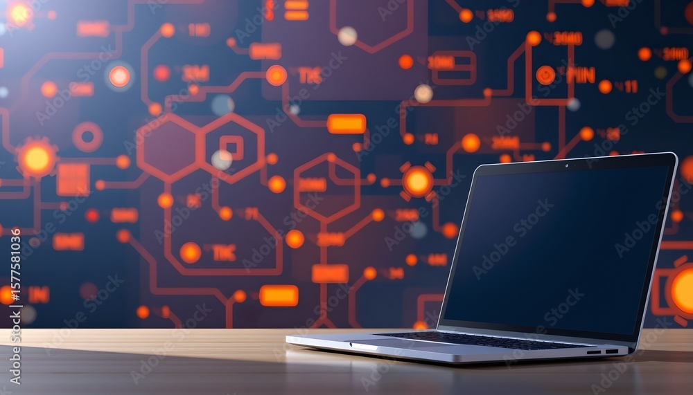 Fototapete laptop on the right side against a shimmering technological abstract background, under backlit light