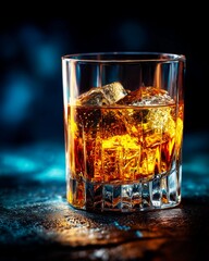 Glass of whiskey with ice cubes on dark background. Close up.
