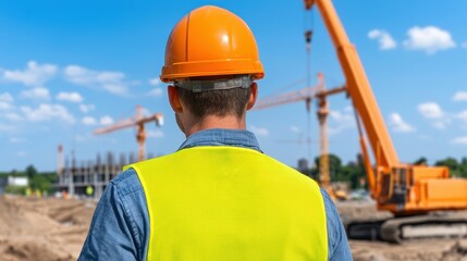 Construction Worker Overseeing Site Operations with Cranes and Machinery in Background under Clear Blue Sky