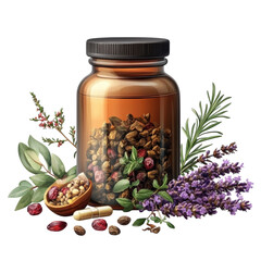 Natural Remedy Herbal Supplement Bottle with Lavender and Rosemary for on transparent background