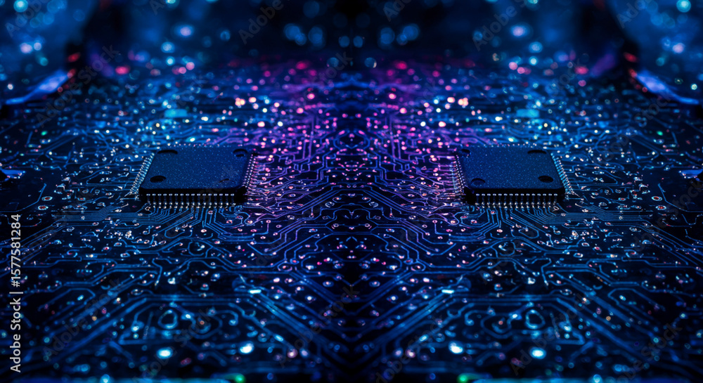 Poster close-up view of a circuit board showcasing integrated circuits and electronic components.