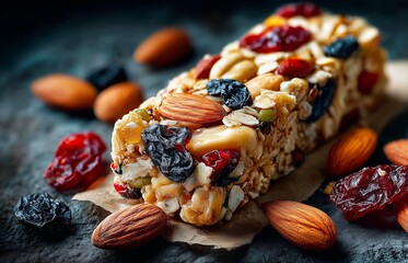 Fototapeta premium Granola bar with nuts and dried fruits on a dark background