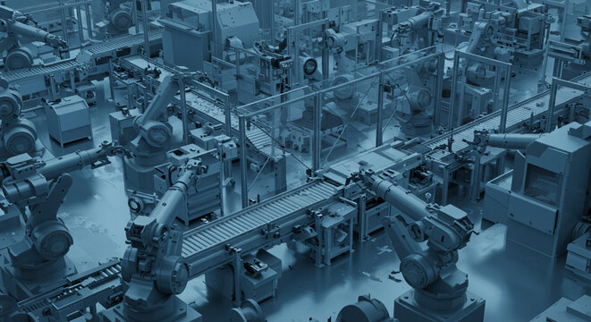 Automated factory floor with robotic arms working on a conveyor belt system, showcasing industrial automation and manufacturing processes.