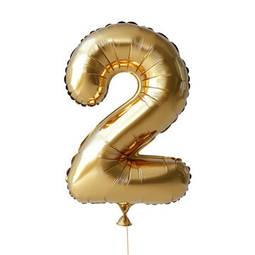 Shiny gold balloon shaped like the number two isolated on transparent background