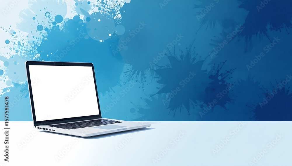 Fototapete create a watercolor painting of a laptop on the left side of the position against a technological abstract background in turquoise tones