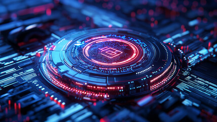 Futuristic digital circuit with glowing elements and patterns