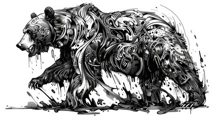grimy grungy graffiti mutant bear beautiful detailed cool black and white line art 